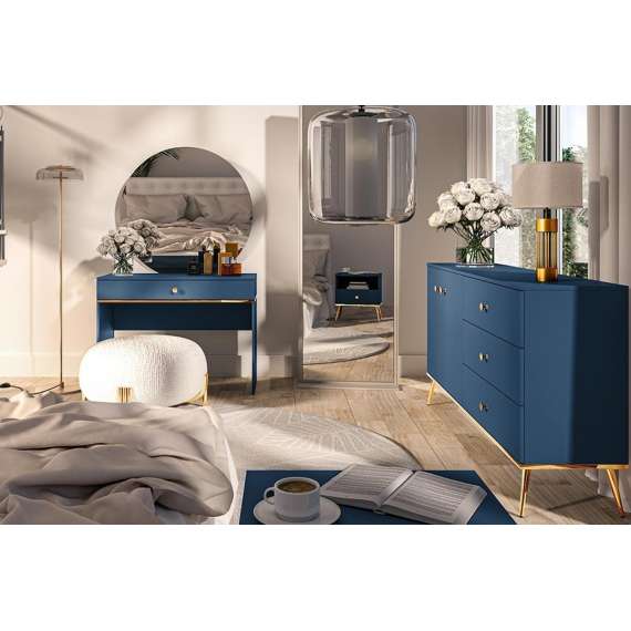 Skjenk MARINE - 160x85 cm - marineblå - 2 dører - 3 skuffer - metall bein