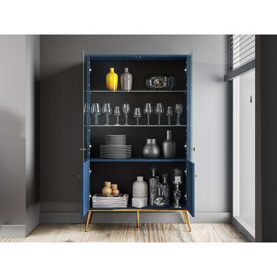 Vitrineskap MARINE - 152x92 cm - marineblå - 4 dører - metall bein