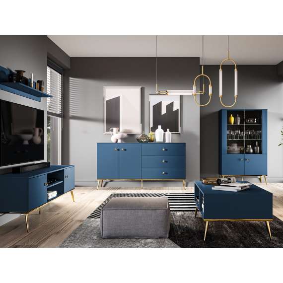 Vitrineskap MARINE - 152x92 cm - marineblå - 4 dører - metall bein