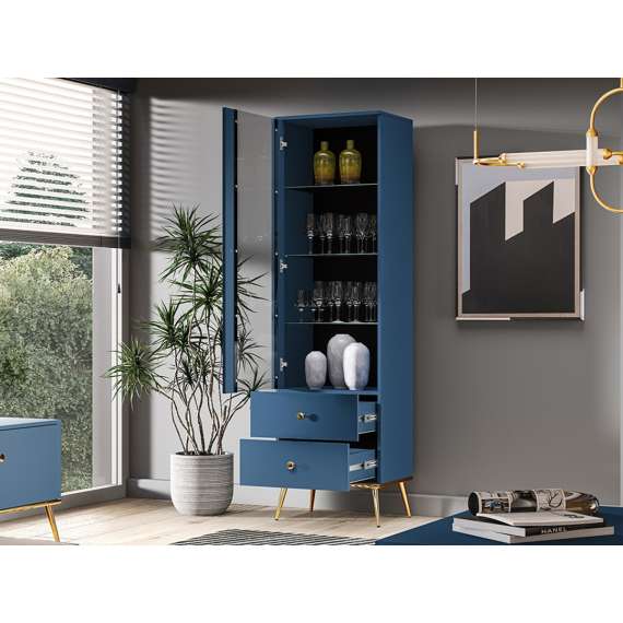Vitrineskap MARINE - 55x190 cm - marineblå - 1 dør- 2 skuffer - metall bein