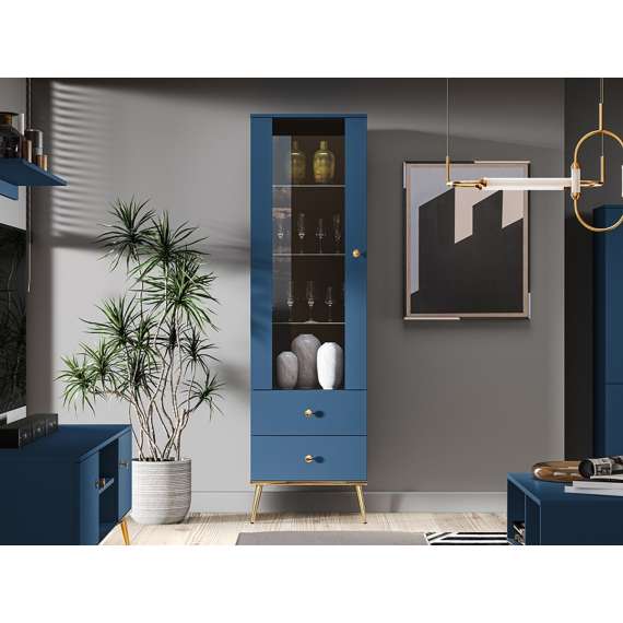 Vitrineskap MARINE - 55x190 cm - marineblå - 1 dør- 2 skuffer - metall bein