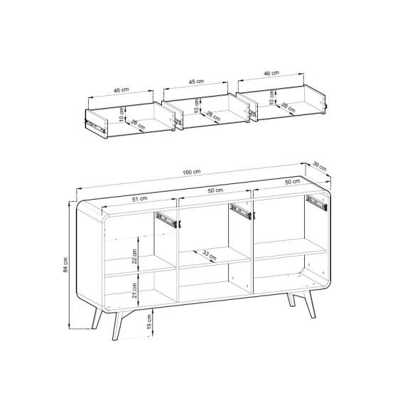 Skjenk Helion 160x84 cm - 3 dører - 3 skuffer - eik