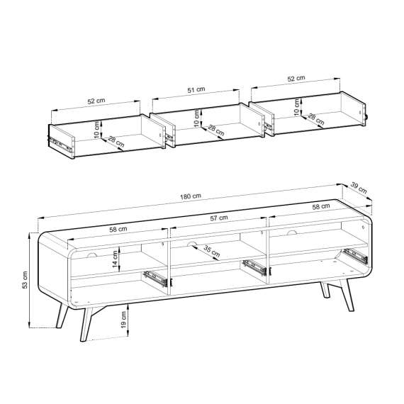 Tv-benk Helion 180x52 cm - 3 skuffer - eik