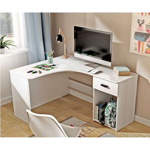 Skrivebord Corner 155x125 cm - hvit matt - hjørneskrivebord med skuff