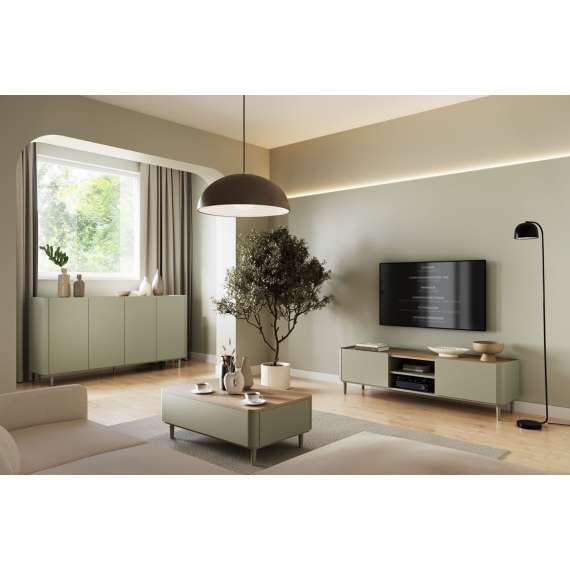 Tv-benk ELIVO - 170x48 cm - 1 dør - 1 skuff - eukalyptus - eik baltic - tre bein