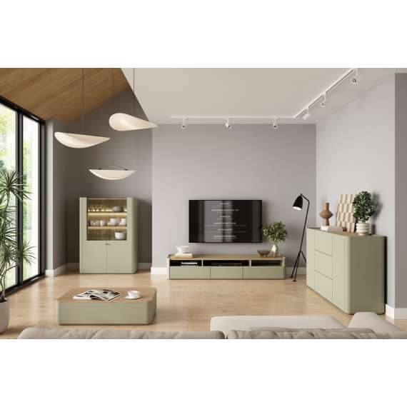 Tv-benk ELIVO - 200x35 cm - 1 dør - 2 skuffer- eukalyptus - eik baltic