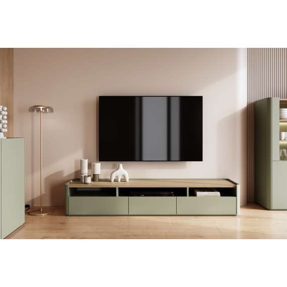 Tv-benk ELIVO - 200x35 cm - 1 dør - 2 skuffer- eukalyptus - eik baltic