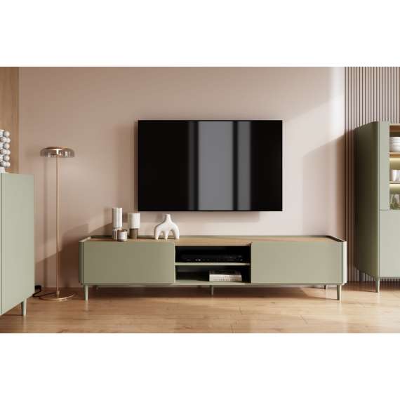 Tv-benk ELIVO - 220x48 cm - 1 dør - 1 skuff - eukalyptus - eik baltic - tre bein