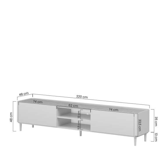 Tv-benk ELIVO - 220x48 cm - 1 dør - 1 skuff - eukalyptus - eik baltic - tre bein