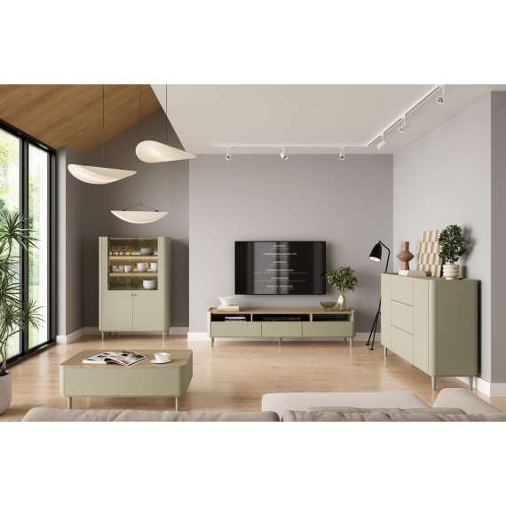 Skjenk ELIVO - 150x90 cm - 2 dører- 3 skuffer - eukalyptus - eik baltic - tre bein