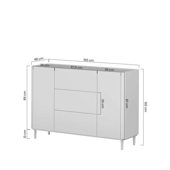 Skjenk ELIVO - 150x90 cm - 2 dører- 3 skuffer - eukalyptus - eik baltic - tre bein