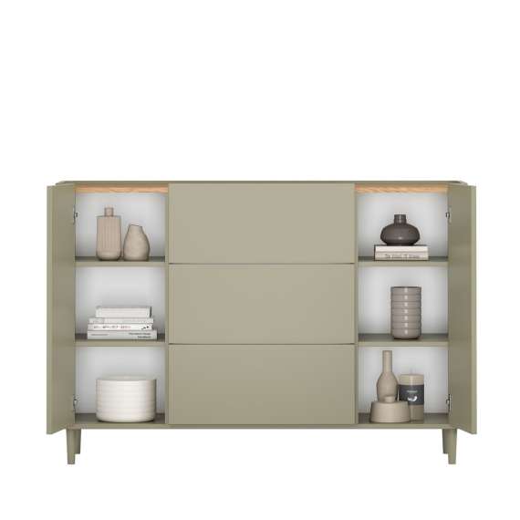 Skjenk ELIVO - 150x90 cm - 2 dører- 3 skuffer - eukalyptus - eik baltic - tre bein