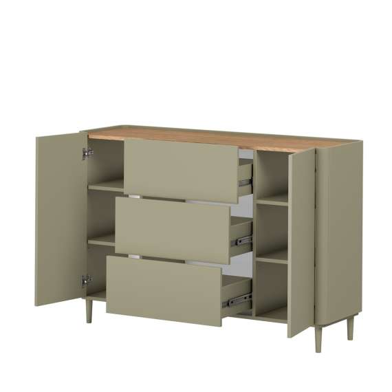 Skjenk ELIVO - 150x90 cm - 2 dører- 3 skuffer - eukalyptus - eik baltic - tre bein