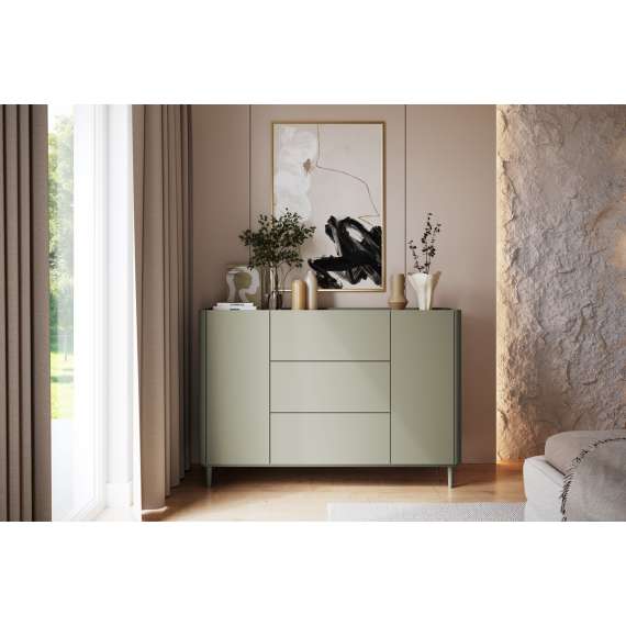 Skjenk ELIVO - 150x90 cm - 2 dører- 3 skuffer - eukalyptus - eik baltic - tre bein