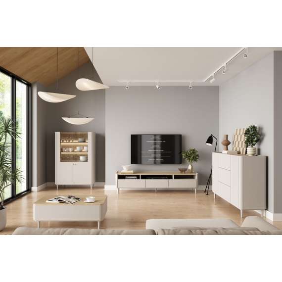 Sofabord ELIVO - 100x38 cm - 2 skuffer - cashmere - oljet eik