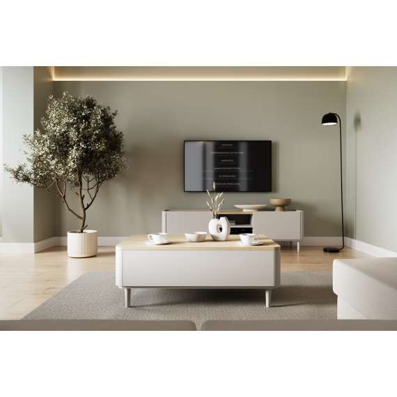 Sofabord ELIVO - 100x38 cm - 2 skuffer - cashmere - oljet eik