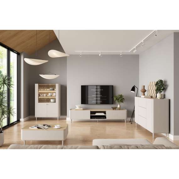 Sofabord ELIVO - 100x38 cm - 2 skuffer - cashmere - oljet eik