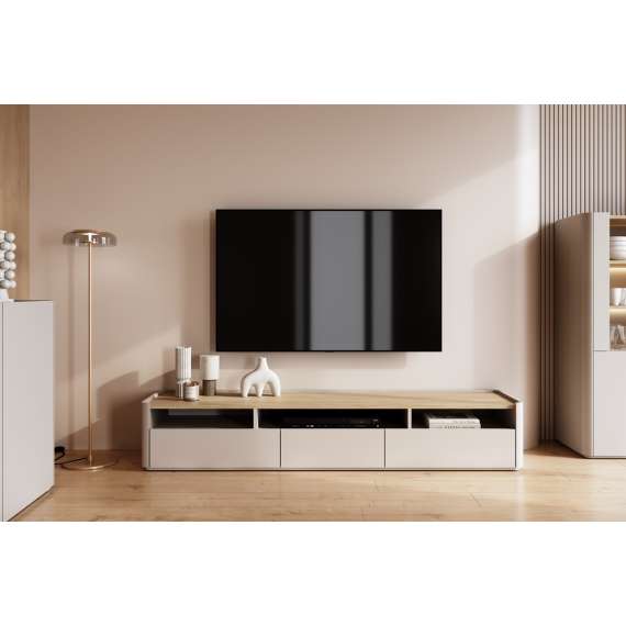 Tv-benk ELIVO - 200x36 cm - 2 skuffer - 1 dør -  cashmere - oljet eik