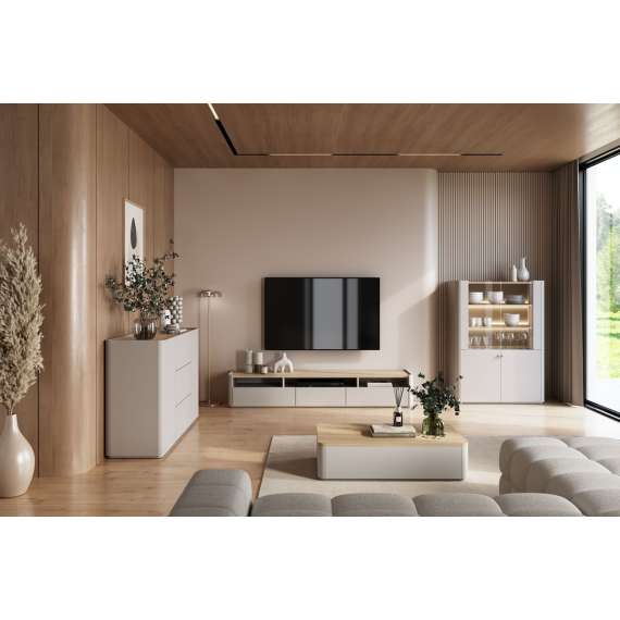 Tv-benk ELIVO - 200x36 cm - 2 skuffer - 1 dør -  cashmere - oljet eik