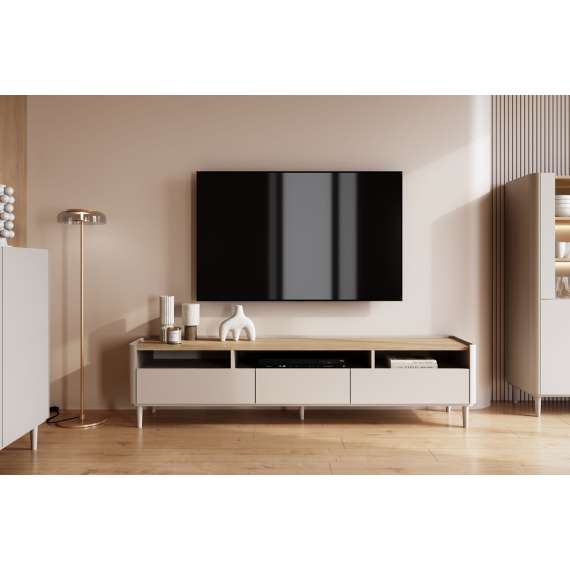Tv-benk ELIVO - 200x48 cm - 2 skuffer - 1 dør -  cashmere - oljet eik
