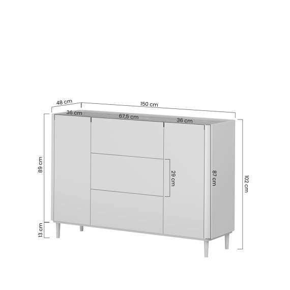 Skjenk ELIVO - 150x90 cm - 2 dører - 3 skuffer -  cashmere - oljet eik- tre bein