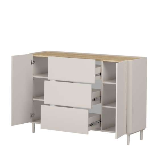 Skjenk ELIVO - 150x90 cm - 2 dører - 3 skuffer -  cashmere - oljet eik- tre bein