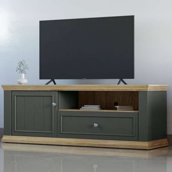 Tv-benk PONTY - 150x54 cm - 1 dør - 1 skuff - grå wolfram - eik mauvella