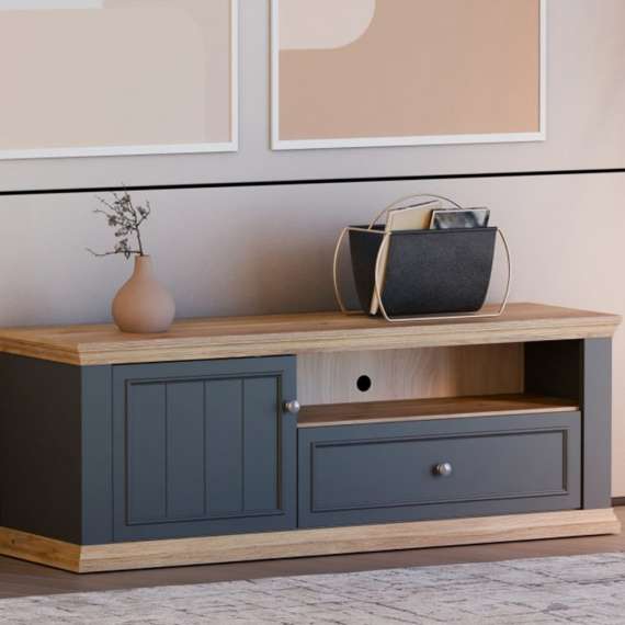 Tv-benk PONTY - 150x54 cm - 1 dør - 1 skuff - grå wolfram - eik mauvella