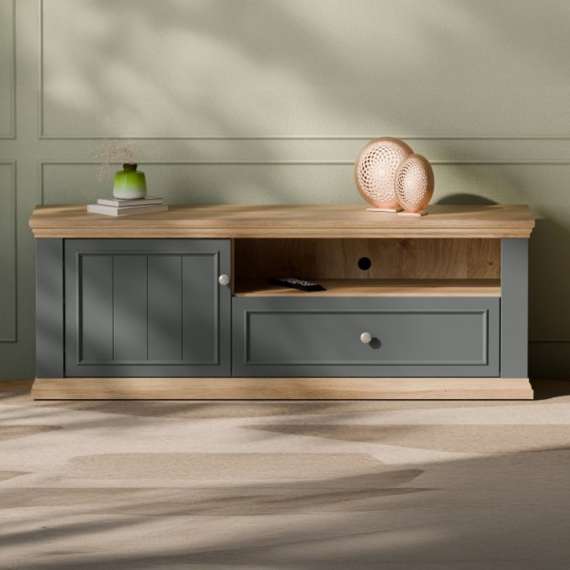 Tv-benk PONTY - 150x54 cm - 1 dør - 1 skuff - grå wolfram - eik mauvella