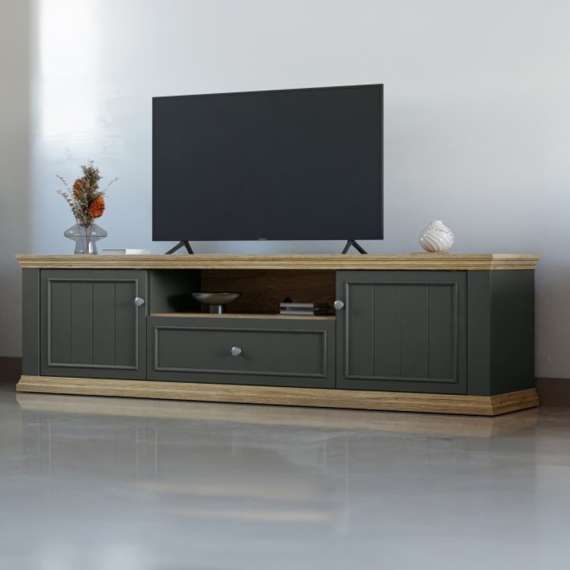 Tv-benk PONTY - 200x54 cm - 2 dører - 1 skuff - grå wolfram - eik mauvella