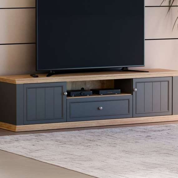 Tv-benk PONTY - 200x54 cm - 2 dører - 1 skuff - grå wolfram - eik mauvella