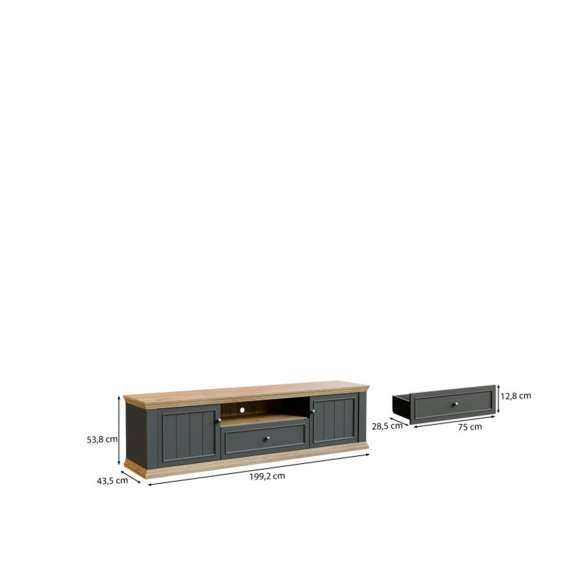 Tv-benk PONTY - 200x54 cm - 2 dører - 1 skuff - grå wolfram - eik mauvella