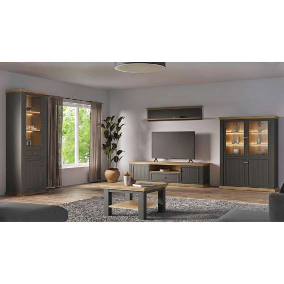 Tv-benk PONTY - 200x54 cm - 2 dører - 1 skuff - grå wolfram - eik mauvella