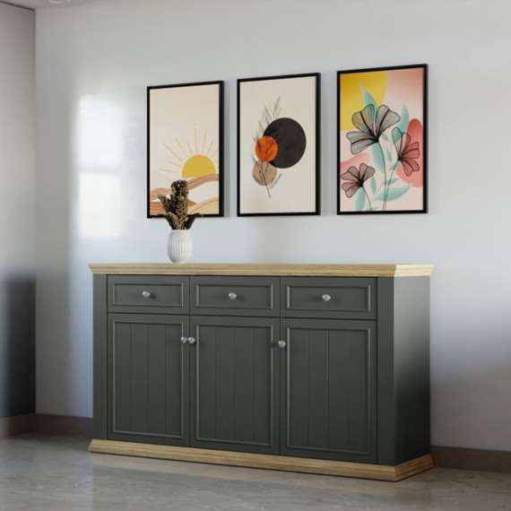 Skjenk PONTY - 170x95 cm - 3 dører - 3 skuffer - grå wolfram - eik mauvella