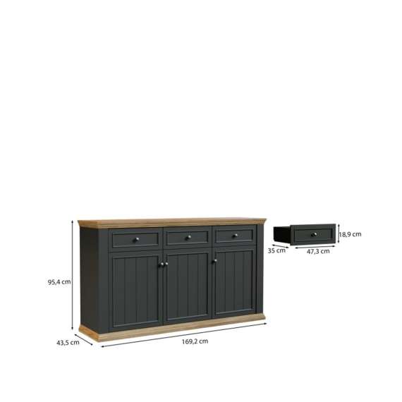Skjenk PONTY - 170x95 cm - 3 dører - 3 skuffer - grå wolfram - eik mauvella