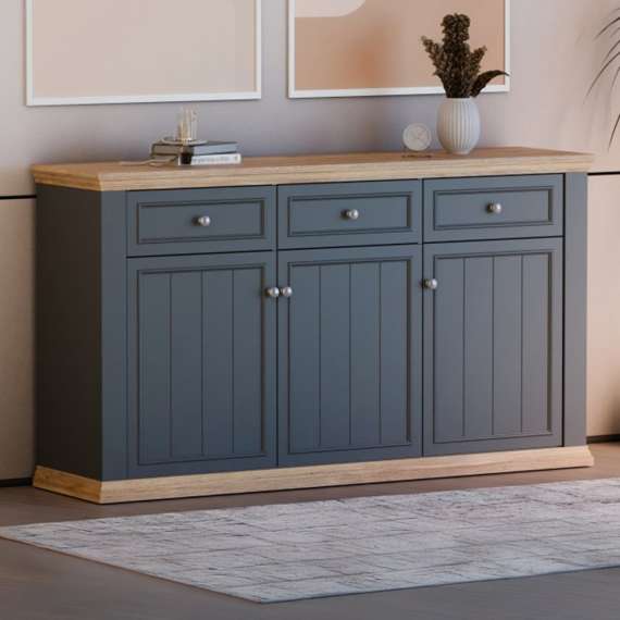 Skjenk PONTY - 170x95 cm - 3 dører - 3 skuffer - grå wolfram - eik mauvella