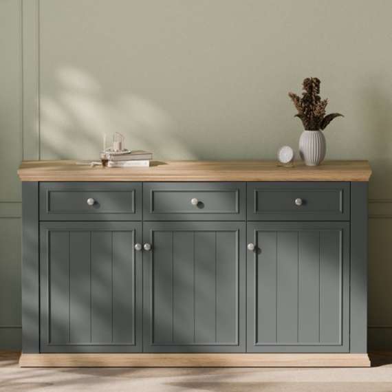 Skjenk PONTY - 170x95 cm - 3 dører - 3 skuffer - grå wolfram - eik mauvella