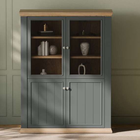 Vitrineskap PONTY - 120x156 cm - 3 dører - 3 skuffer - grå wolfram - eik mauvella