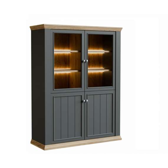 Vitrineskap PONTY - 120x156 cm - 3 dører - 3 skuffer - grå wolfram - eik mauvella