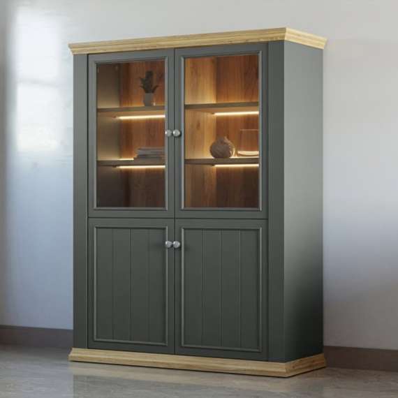 Vitrineskap PONTY - 120x156 cm - 3 dører - 3 skuffer - grå wolfram - eik mauvella