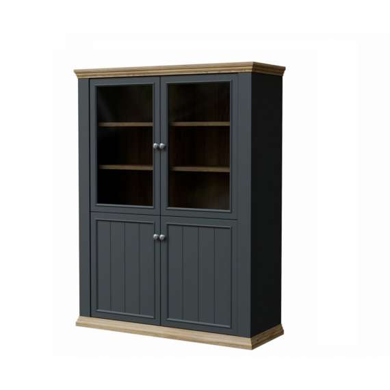 Vitrineskap PONTY - 120x156 cm - 3 dører - 3 skuffer - grå wolfram - eik mauvella