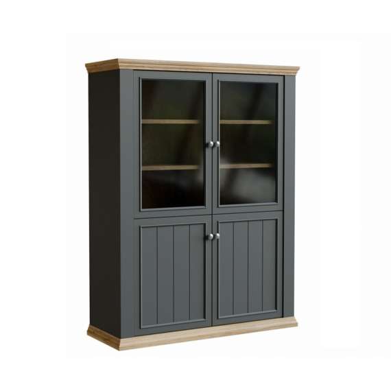 Vitrineskap PONTY - 120x156 cm - 3 dører - 3 skuffer - grå wolfram - eik mauvella