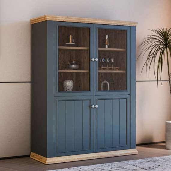 Vitrineskap PONTY - 120x156 cm - 3 dører - 3 skuffer - grå wolfram - eik mauvella