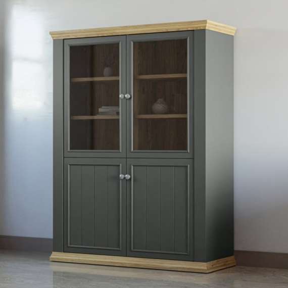 Vitrineskap PONTY - 120x156 cm - 3 dører - 3 skuffer - grå wolfram - eik mauvella