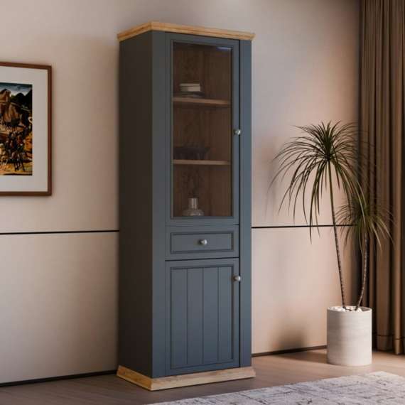 Vitrineskap PONTY - 69x202 cm - 2 dører - grå wolfram - eik mauvella