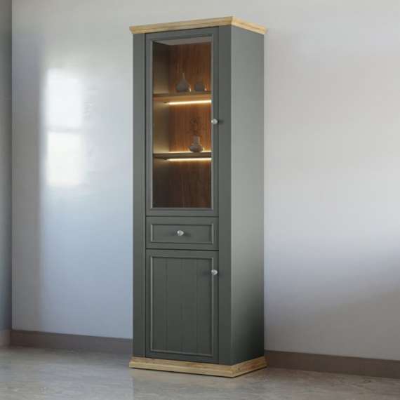 Vitrineskap PONTY - 69x202 cm - 2 dører - grå wolfram - eik mauvella