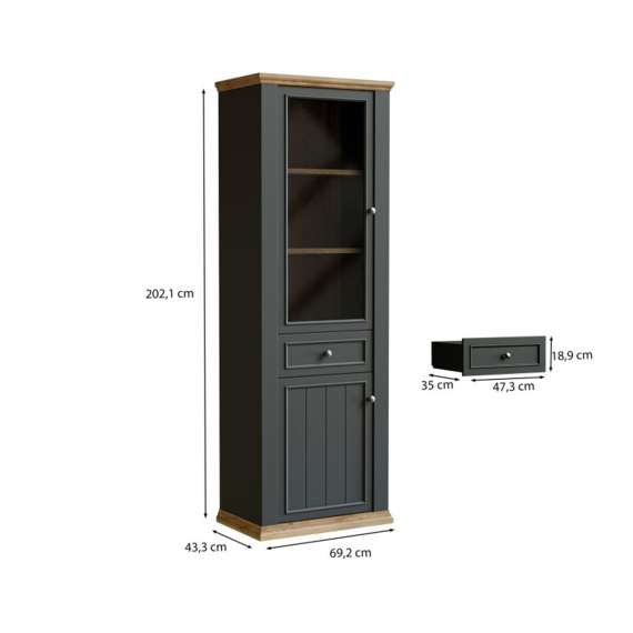 Vitrineskap PONTY - 69x202 cm - 2 dører - grå wolfram - eik mauvella