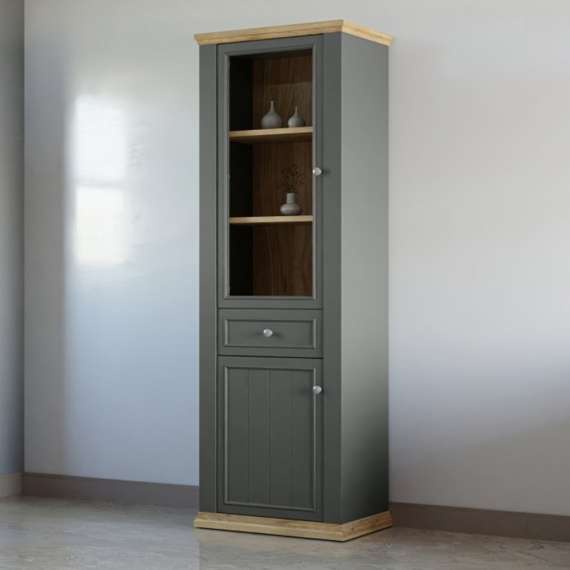 Vitrineskap PONTY - 69x202 cm - 2 dører - grå wolfram - eik mauvella