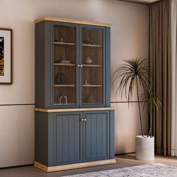 Vitrineskap PONTY - 109x202 cm - 4 dører - grå wolfram - eik mauvella