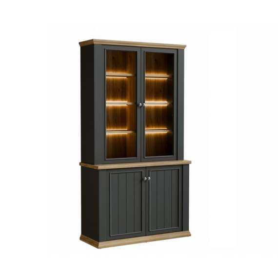 Vitrineskap PONTY - 109x202 cm - 4 dører - grå wolfram - eik mauvella